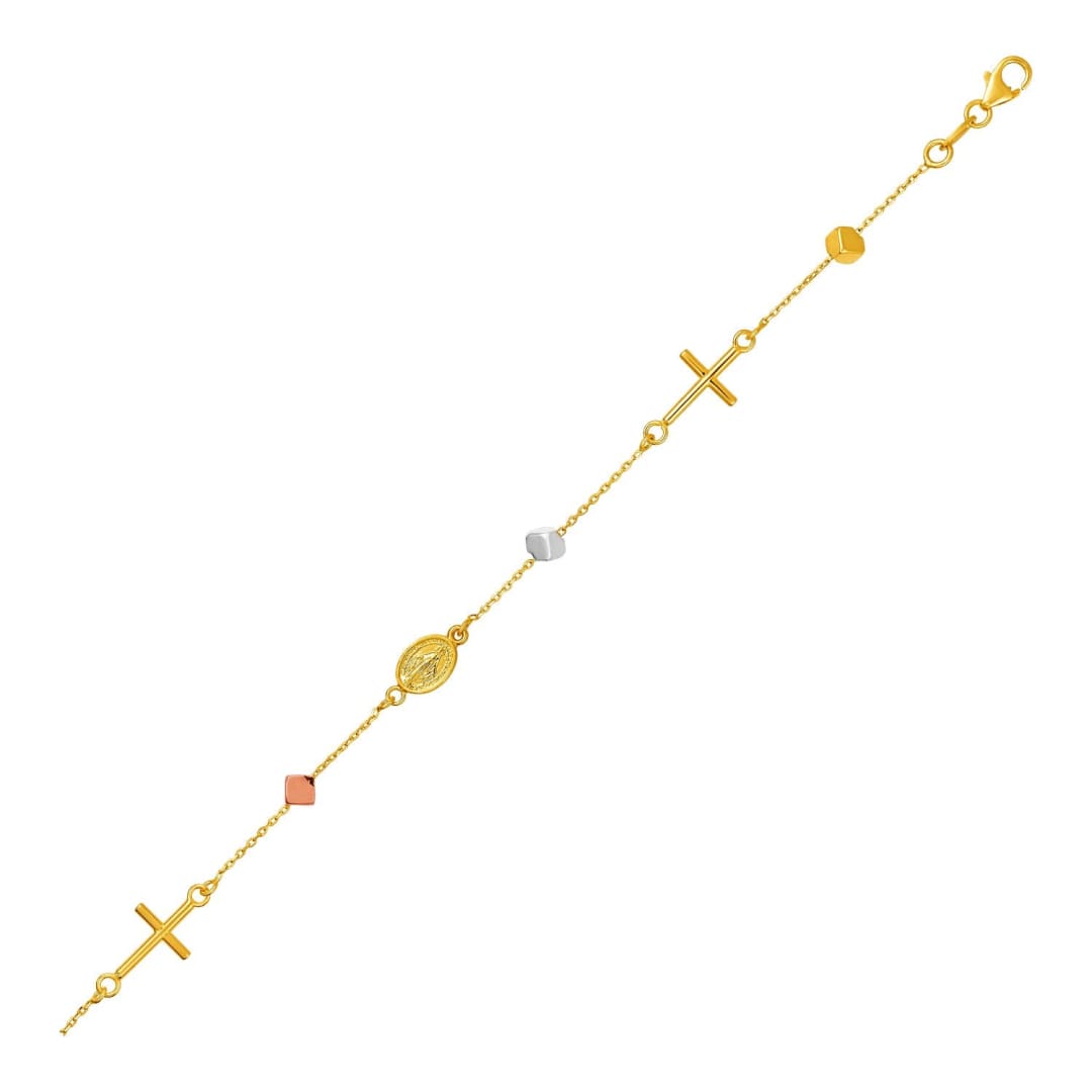 14k Tri Color Gold Bracelet with Crosses Cubes and Medallions | Richard Cannon Jewelry