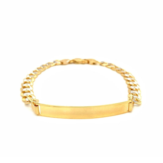 14k Two Tone Gold 8 1/2 inch Mens Narrow Curb Chain ID Bracelet with White Pave | Richard
