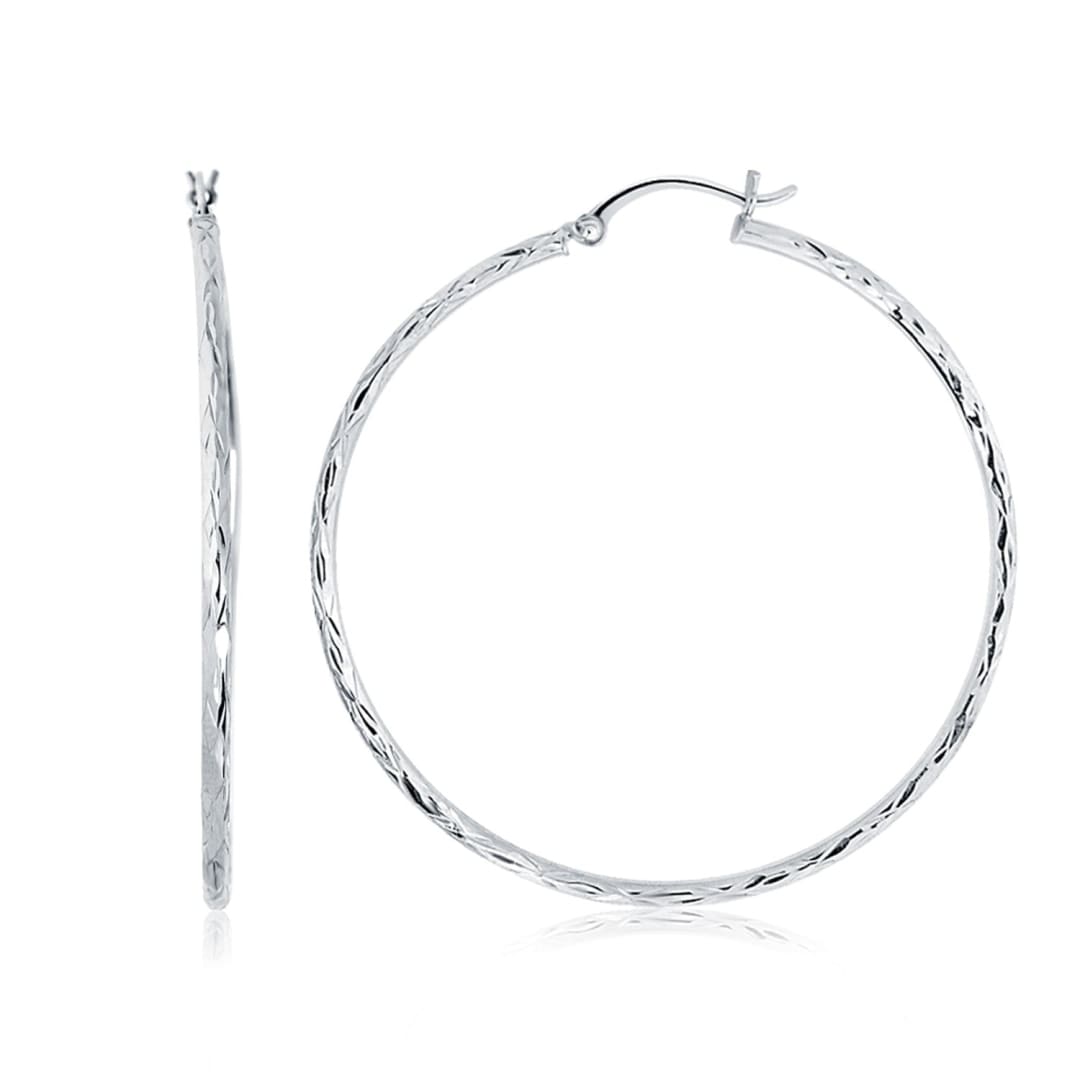 14k White Gold Diamond Cut Hoop Earrings (1 3/4 inch Diameter) | Richard Cannon Jewelry