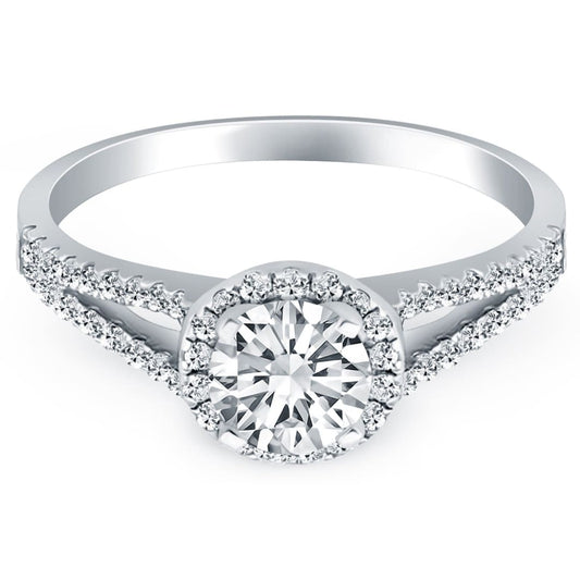 14k White Gold Diamond Halo Split Shank Engagement Ring | Richard Cannon Jewelry