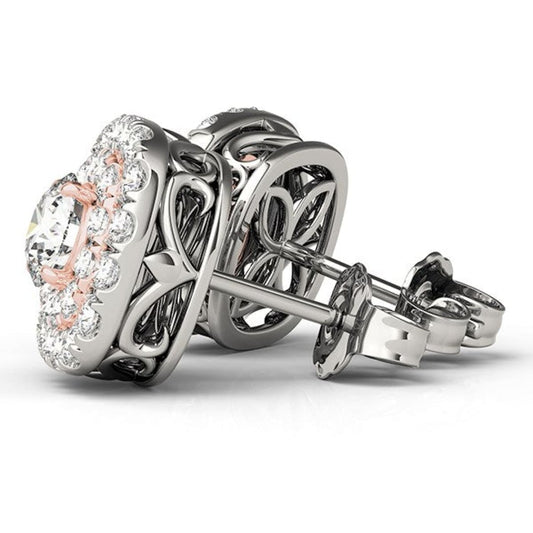 14k White and Rose Gold Cushion Shape Halo Diamond Earrings (3/4 cttw) | Richard Cannon