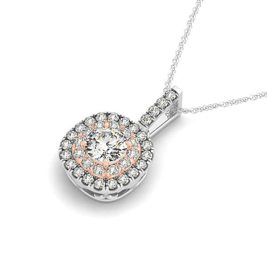 14k White And Rose Gold Cushion Shape Halo Diamond Pendant (1/2 cttw) | Richard Cannon