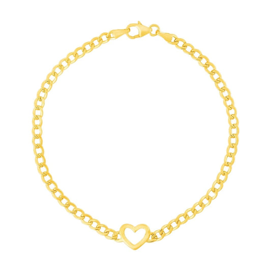 14k Yellow Gold 7 inch Curb Chain Bracelet with Heart | Richard Cannon Jewelry