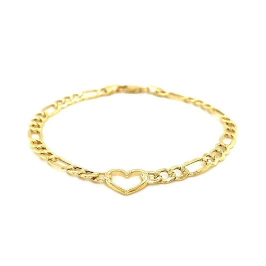 14k Yellow Gold 7 inch Figaro Chain Bracelet with Heart | Richard Cannon Jewelry