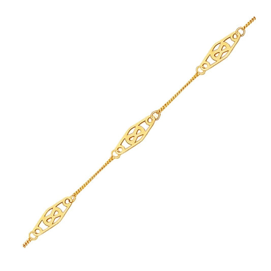 14k Yellow Gold Anklet with Fancy Diamond Shape Filigree Stations | Richard Cannon Jewelry