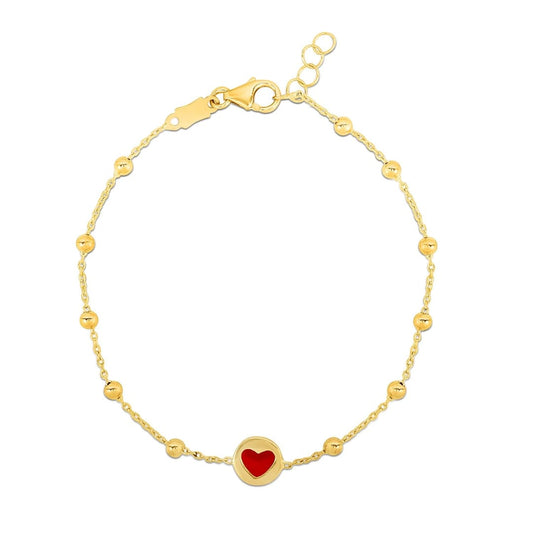14k Yellow Gold Childrens Bracelet with Beads and Enameled Heart | Richard Cannon Jewelry