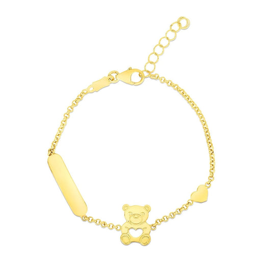 14k Yellow Gold Childrens Bracelet with Teddy Bear Heart and Bar | Richard Cannon Jewelry
