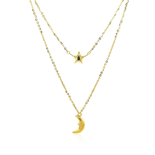 14k Yellow Gold Double-Strand Chain Necklace with Puff Moon and Star | Richard Cannon