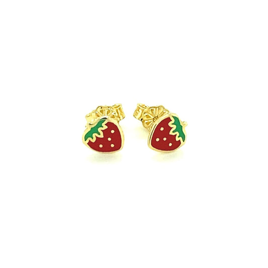 14k Yellow Gold Enameled Strawberry Childrens Earrings | Richard Cannon Jewelry