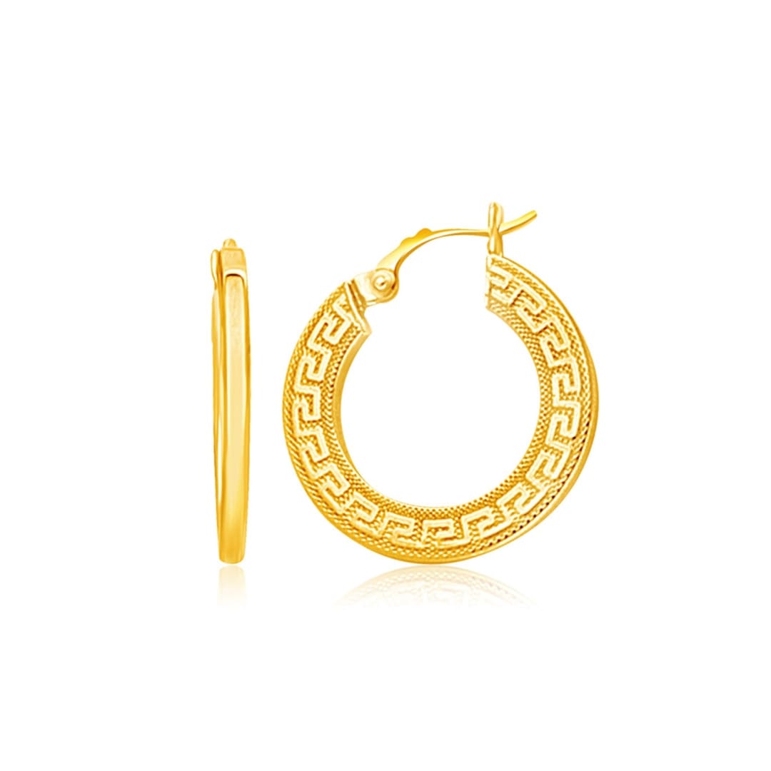 14k Yellow Gold Greek Key Medium Hoop Earrings with Flat Sides | Richard Cannon Jewelry