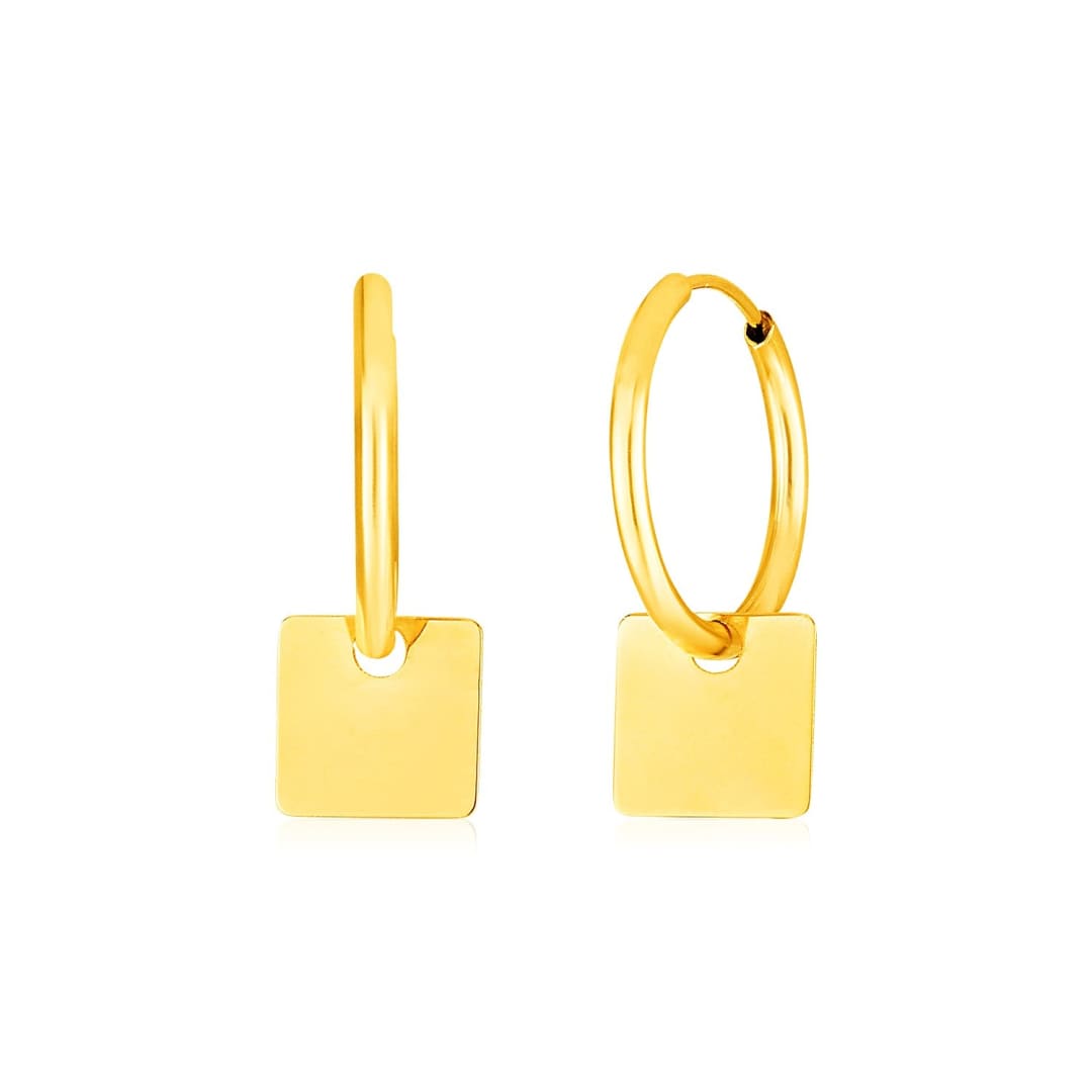 14k Yellow Gold Huggie Style Hoop Earrings with Square Drops | Richard Cannon Jewelry