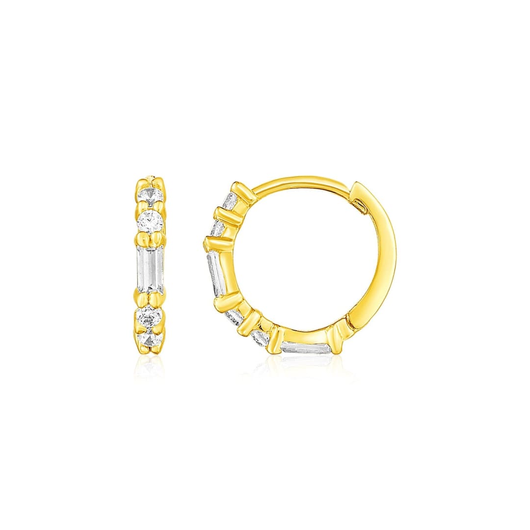 14k Yellow Gold Petite Hoop Earrings with Baguette Cubic Zirconias | Richard Cannon