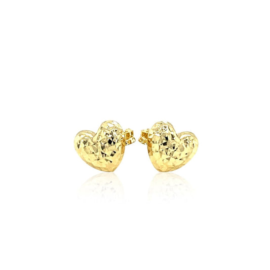 14k Yellow Gold Puffed Heart Earrings with Diamond Cuts | Richard Cannon Jewelry