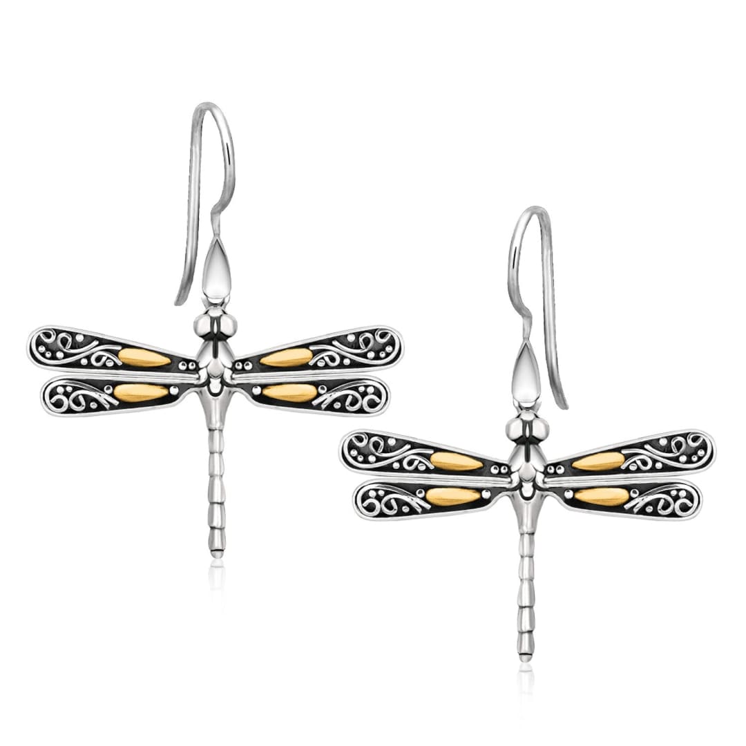 18k Yellow Gold and Sterling Silver Dragonfly Motif Drop Earrings | Richard Cannon Jewelry