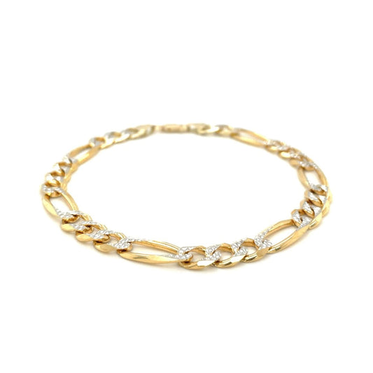 7.0mm 14K Yellow Two Tone Solid Pave Figaro Bracelet | Richard Cannon Jewelry
