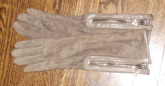 Taupe Suede Gloves with Genuine Pearl Cluster as Zipper Pull-1