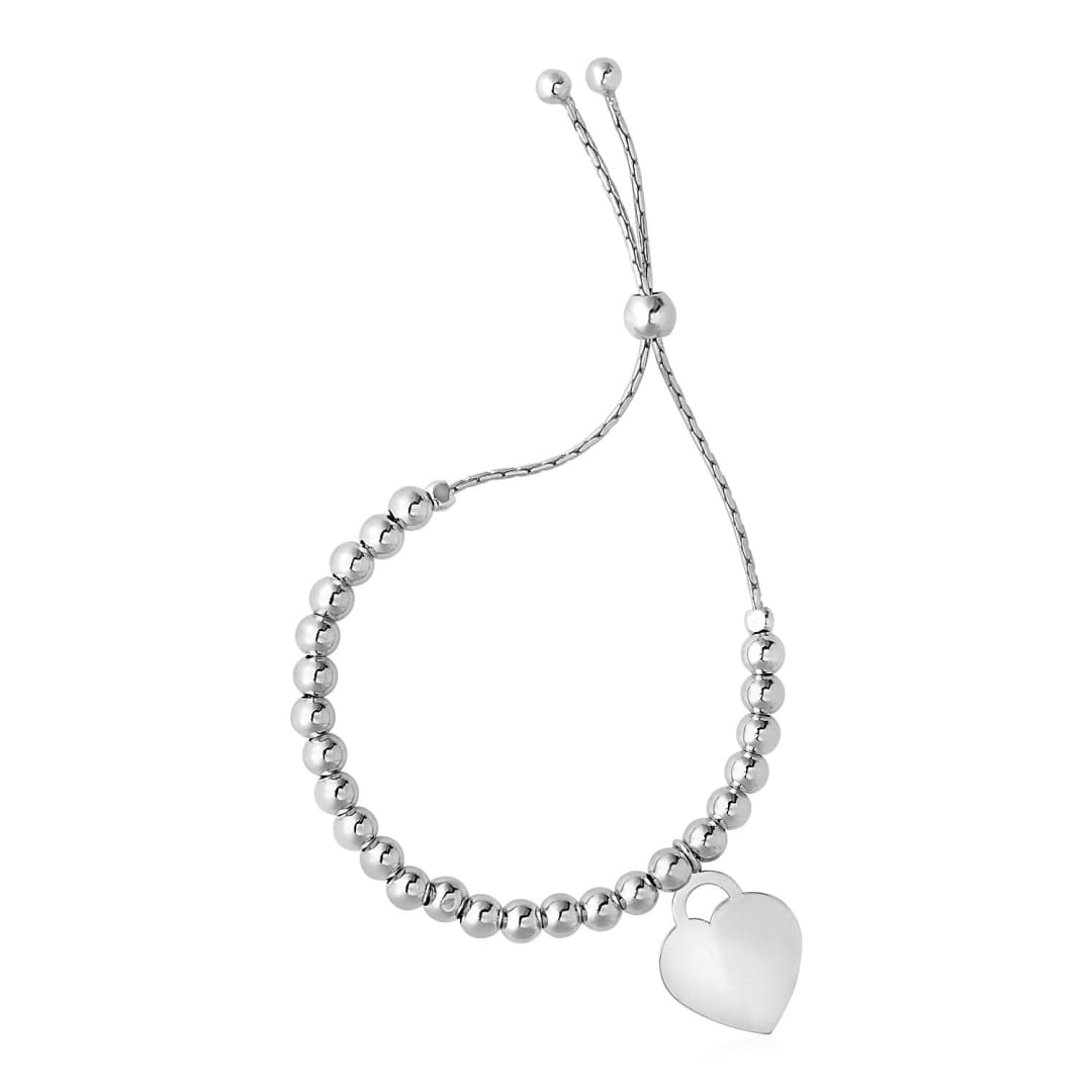 Adjustable Shiny Bead Bracelet with Heart Charm in Sterling Silver | Richard Cannon
