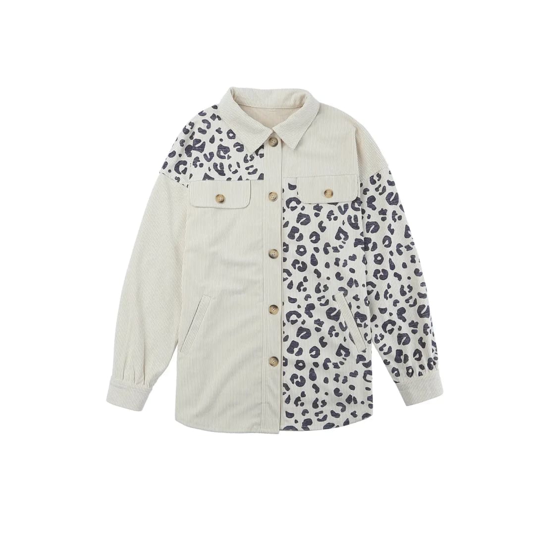 Apricot Leopard Print Detail Pocketed Corduroy Jacket | Fashionfitz