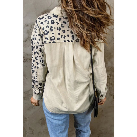 Apricot Leopard Print Detail Pocketed Corduroy Jacket | Fashionfitz
