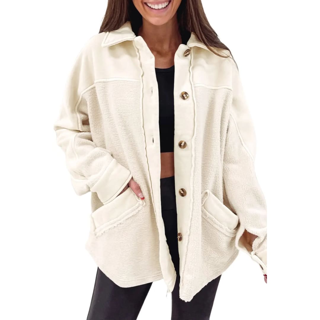 Beige Button-Up Stitching Pocket Raw Hem Shacket | Fashionfitz