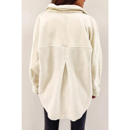 Beige Button-Up Stitching Pocket Raw Hem Shacket | Fashionfitz