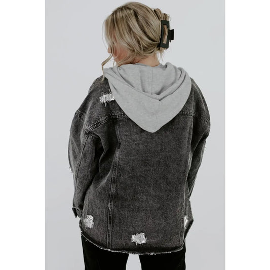 Black Drawstring Hooded Frayed Denim Jacket | Fashionfitz