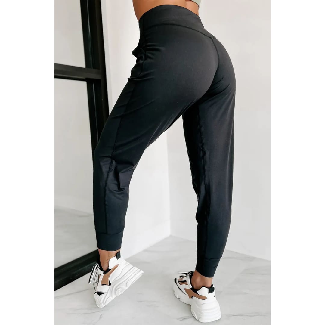 Black Exposed Seam High Waist Pocketed Joggers | Fashionfitz