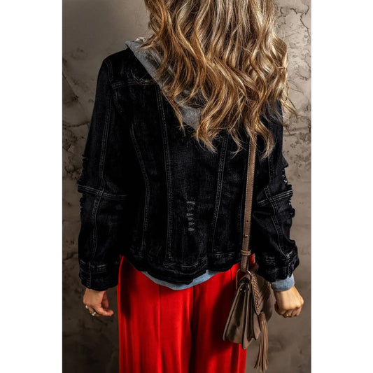 Black Fake Two-Piece Hooded Zip-Up Denim Jacket | Fashionfitz