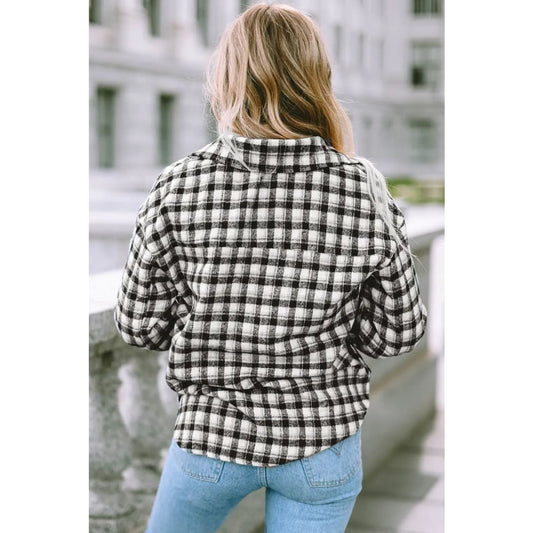 Black Plaid Print Chest Pockets Buttoned Tunic Shacket | Fashionfitz