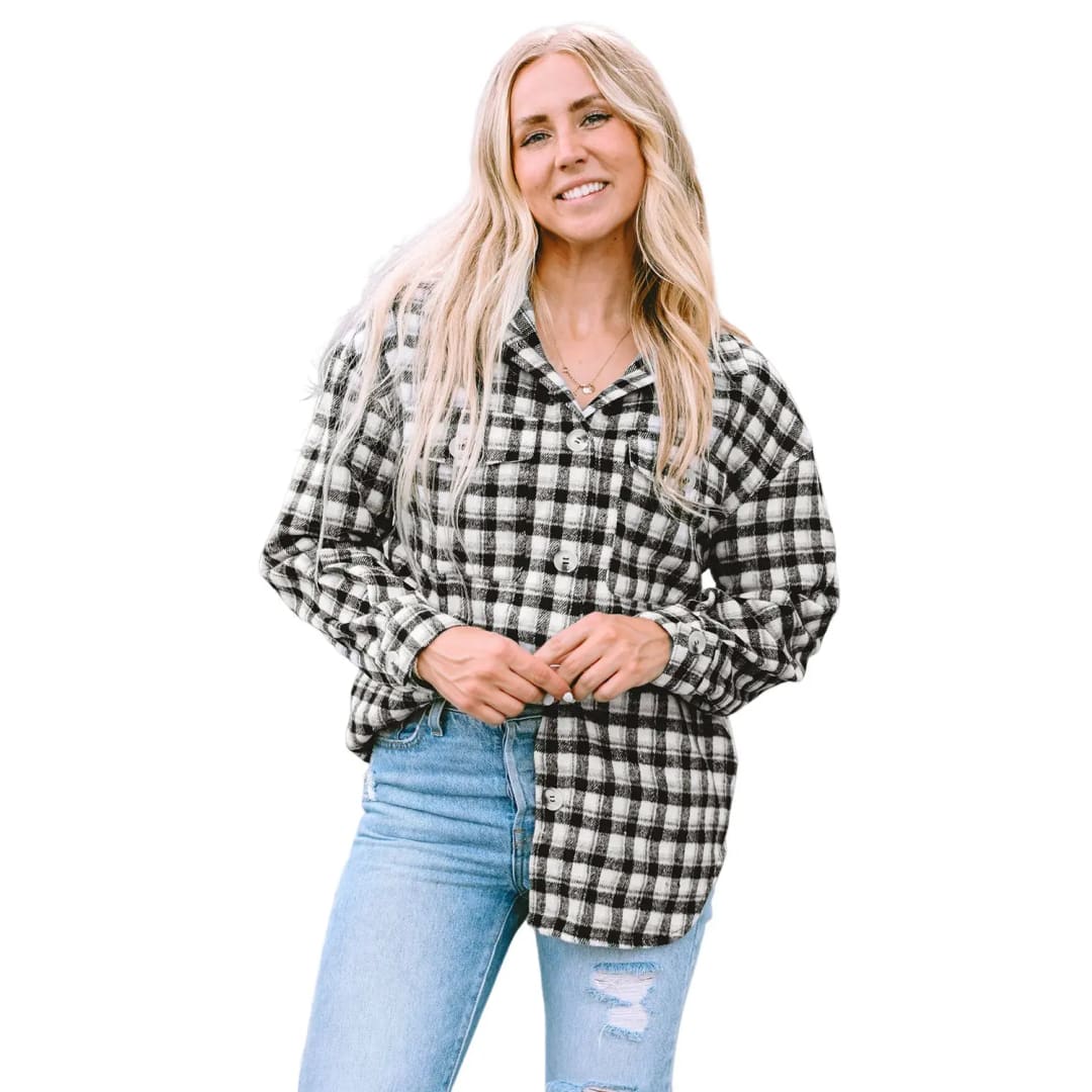 Black Plaid Print Chest Pockets Buttoned Tunic Shacket | Fashionfitz