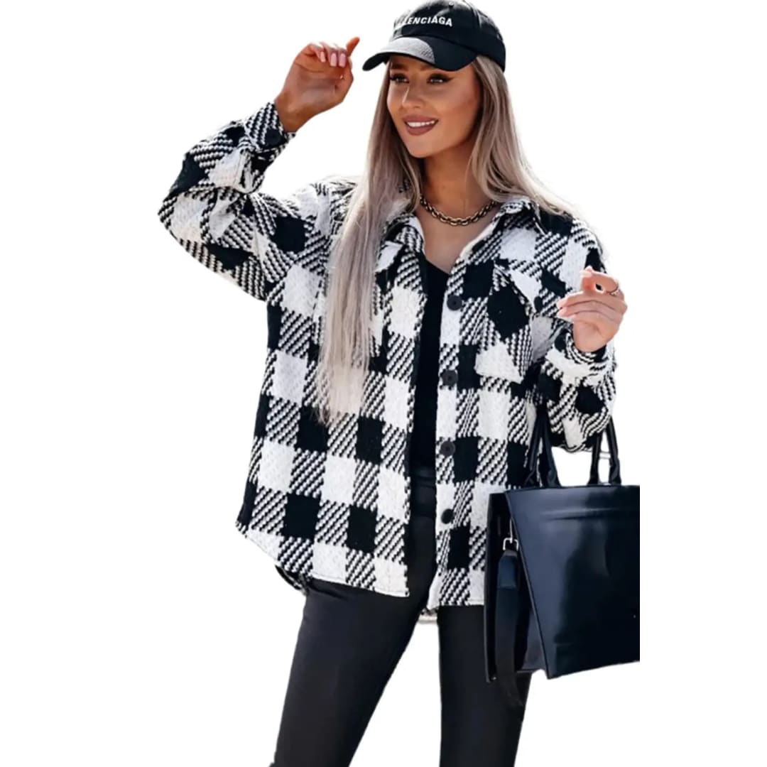 Black Plaid Textured Flap Pocket Shacket | Fashionfitz