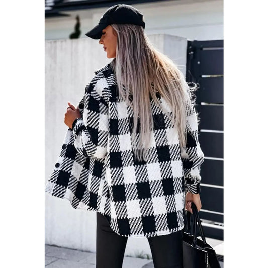 Black Plaid Textured Flap Pocket Shacket | Fashionfitz