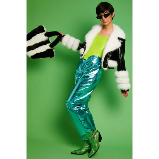 Black White Faux Leather Faux Fur Biker Jacket | Buy Me Fur Ltd