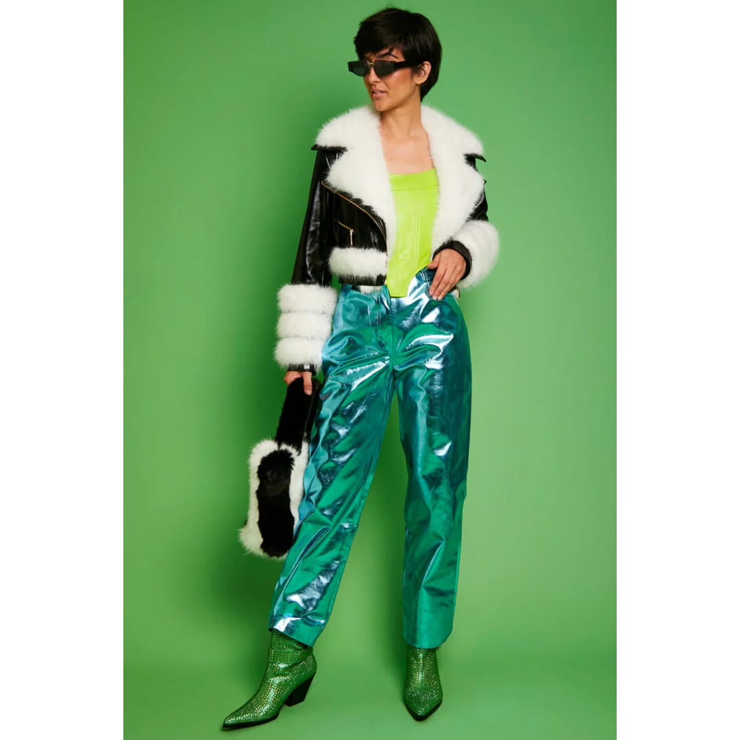 Black White Faux Leather Faux Fur Biker Jacket | Buy Me Fur Ltd