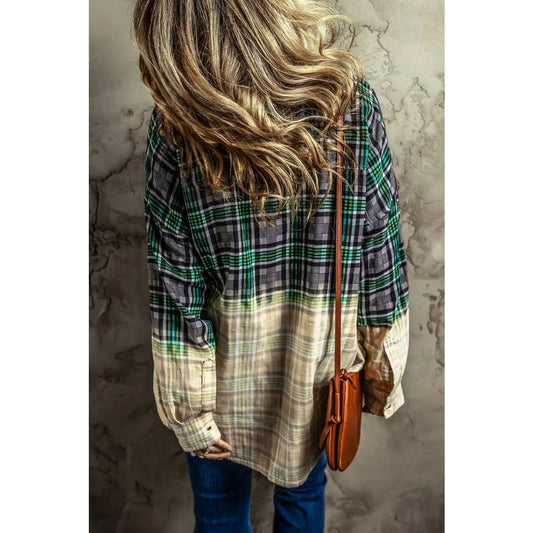 Blackish Green Contrast Plaid Patchwork Chest Pocket Button up Shacket | Fashionfitz
