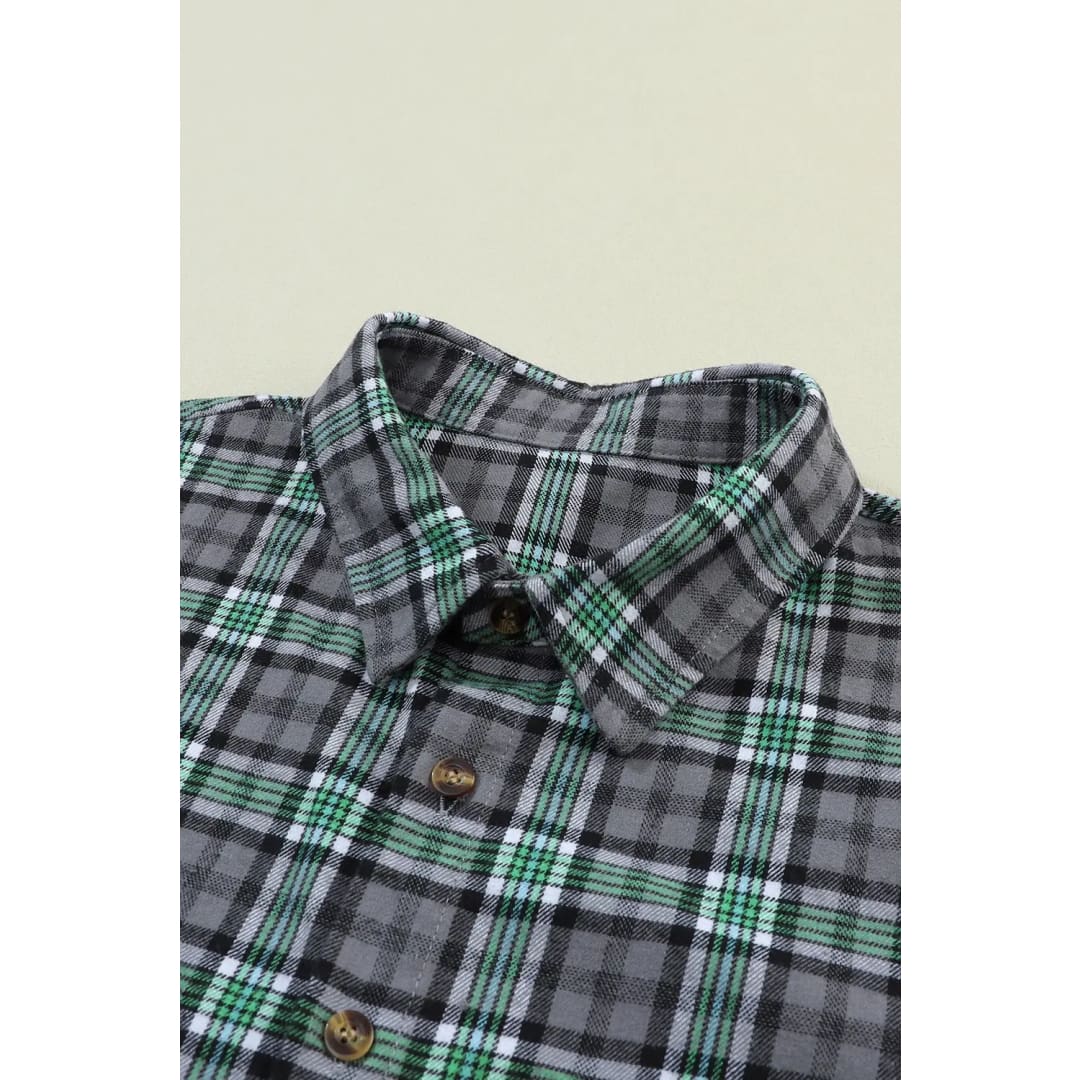 Blackish Green Contrast Plaid Patchwork Chest Pocket Button up Shacket | Fashionfitz