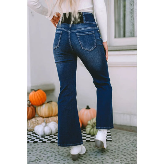 Blue Buttons Elastic Wide Waistband Back Flare Jeans | Fashionfitz