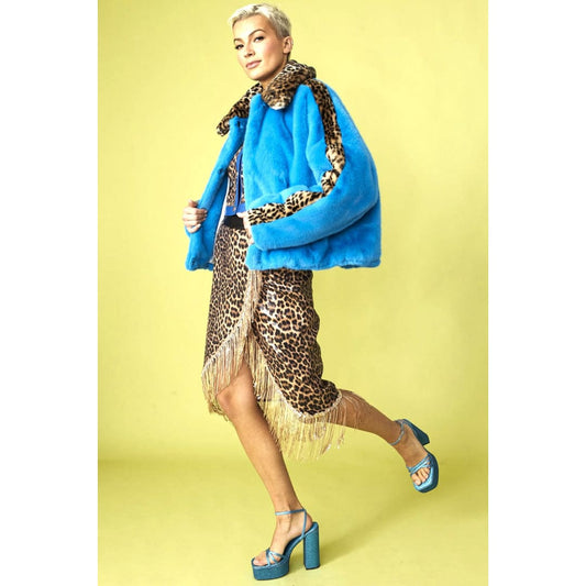 Blue and Leopard Print Faux Fur Coat | Buy Me Fur Ltd