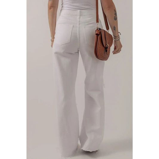 Bright White Heavy Distressed Straight Leg Jeans | Fashionfitz