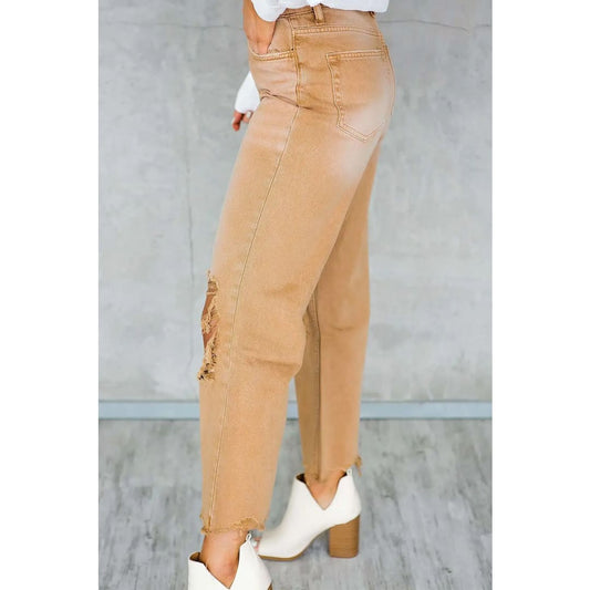 Brown Distressed Hollow-out High Waist Cropped Flare Jeans | Fashionfitz