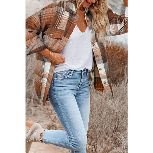 Brown Plaid Flap Pockets Shacket | Fashionfitz