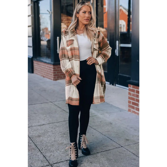 Brown Plaid Print Flap Pockets Long Shacket | Fashionfitz