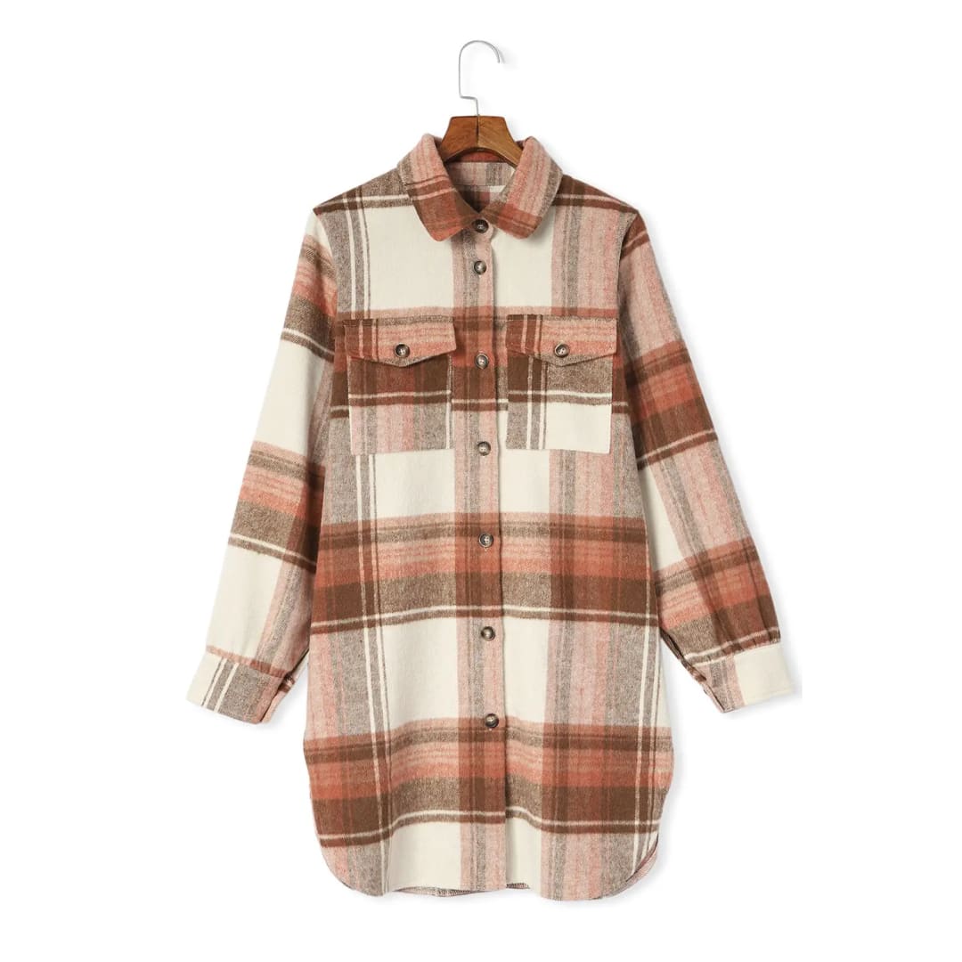 Brown Plaid Print Flap Pockets Long Shacket | Fashionfitz