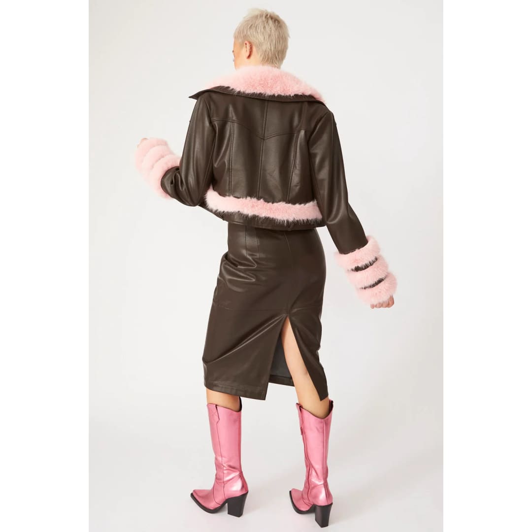 Chocolate Faux Leather Faux Fur Biker Jacket | Buy Me Fur Ltd
