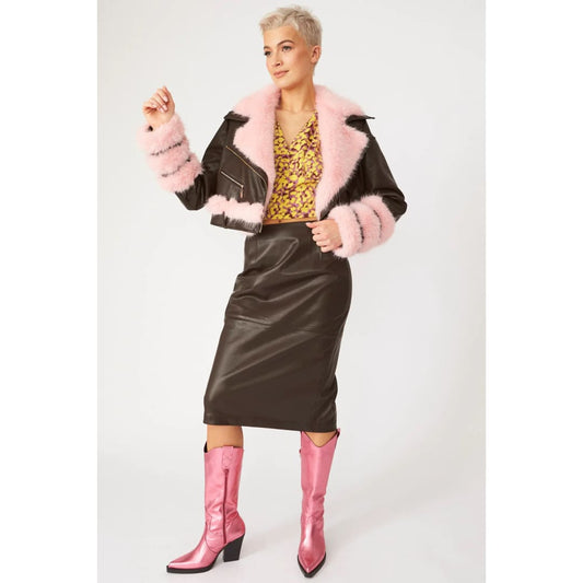 Chocolate Faux Leather Faux Fur Biker Jacket | Buy Me Fur Ltd