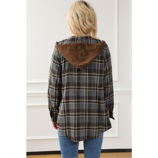Contrast Hooded Drawstring Plaid Shacket | DropshipClothes