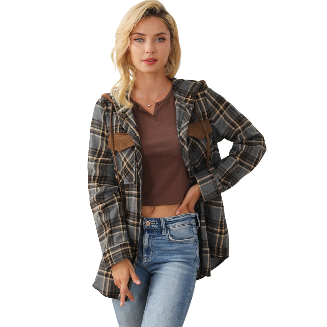 Contrast Hooded Drawstring Plaid Shacket | DropshipClothes