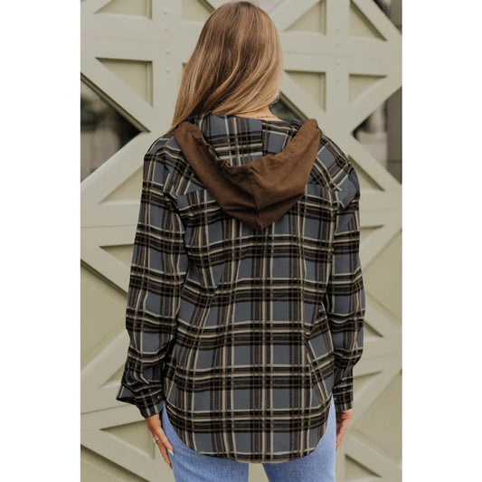 Contrast Hooded Drawstring Plaid Shacket | Fashionfitz