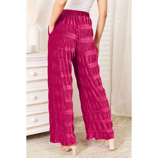 Double Take Full Size High Waist Tiered Shirring Velvet Wide Leg Pants | The Urban