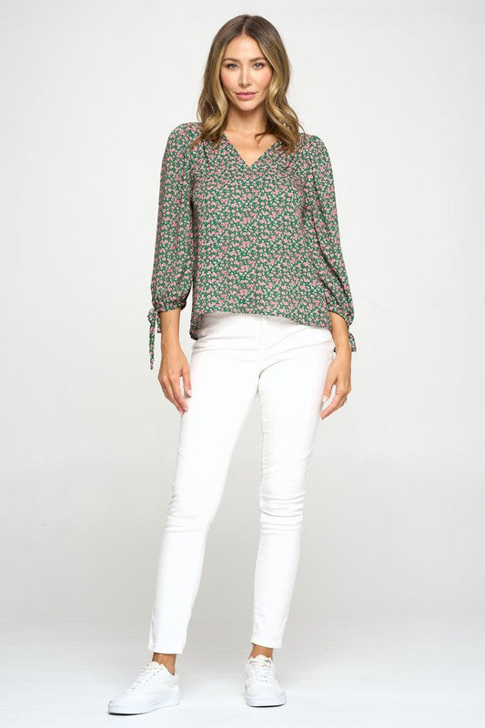 Floral Print Top with Self Tie Sleeves-4